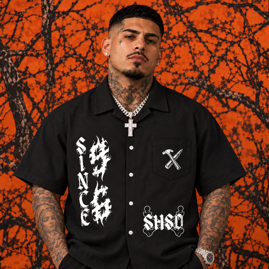 "Blackheart Mechanic" Boxy Short Sleeve Button Up Shirt