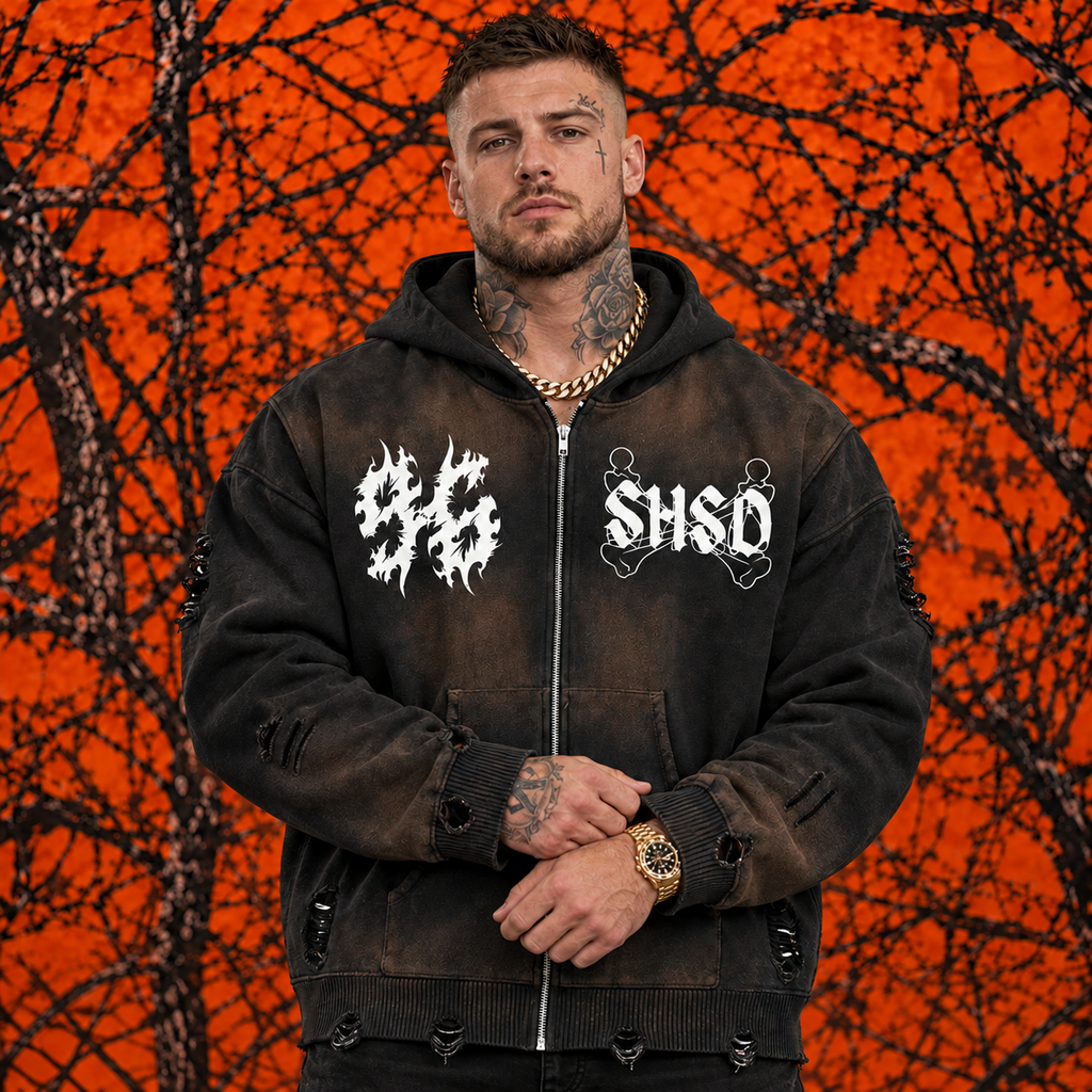 "Dead Prayers" Distressed Full Zip Hoodie